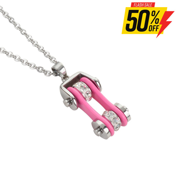 Sk1118N Ladies Bike Chain Silver Hot Pink Crystal Bling Necklace 19’’ Stainless Steel