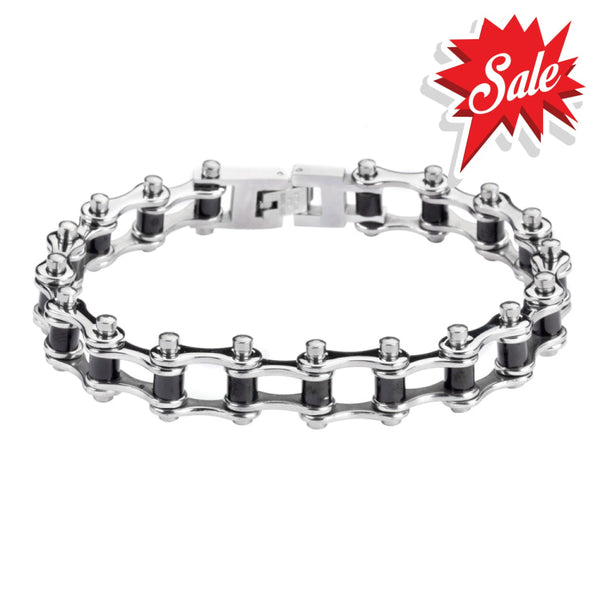 Sk1119 1/2’’ Wide Two Tone Silver Black Rollers Stainless Steel Motorcycle Bike Chain Bracelet