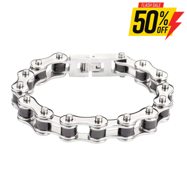 Sk1122 1/2’’ Wide Two Tone Silver Black Rollers Stainless Steel Motorcycle Bike Chain Bracelet