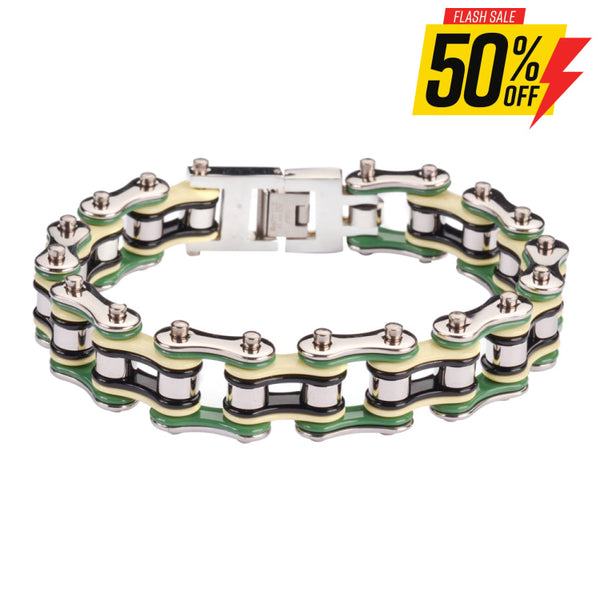 Sk1134 3/4’’ Wide Silver Cream Green Black Double Link Design Unisex Stainless Steel Motorcycle