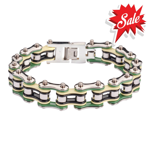 Sk1134 3/4’’ Wide Silver Cream Green Black Double Link Design Unisex Stainless Steel Motorcycle