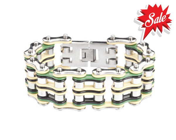 Sk1135 Silver Cream Green Black 1’’ Wide Men’s Bike Chain Bracelet