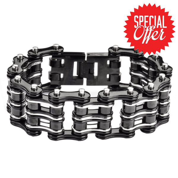 Sk1136 Bike Chain Bracelet 1’’ Wide Black Silver Unisex Stainless Steel Motorcycle 8.5 Men’s