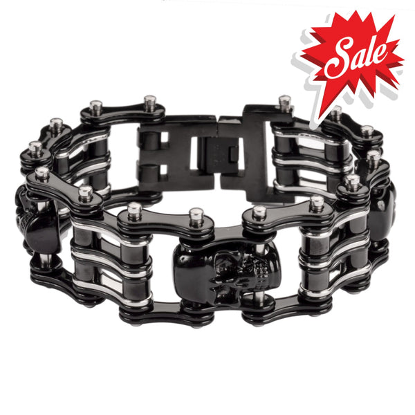 Sk1170 Two Tone Black Silver 1’’ Wide 3 Skulls Unisex Stainless Steel Motorcycle Skull Chain