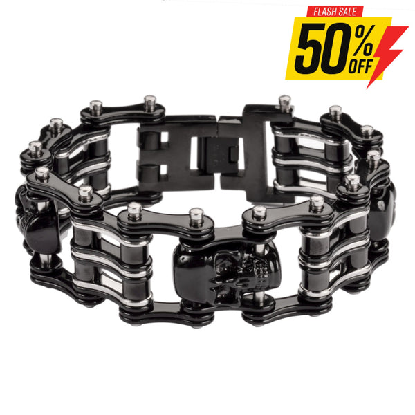 Sk1170 Two Tone Black Silver 1’’ Wide 3 Skulls Unisex Stainless Steel Motorcycle Skull Chain