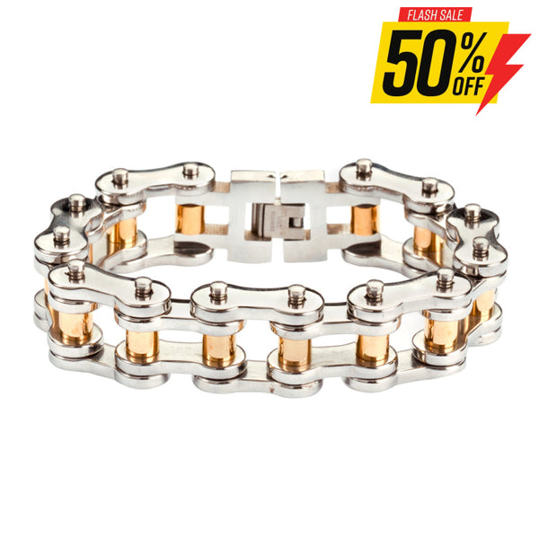 Sk1187 Stainless Gold Rollers 3/4’’ Wide Thick Link Men’s Steel Motorcycle Chain Bracelet