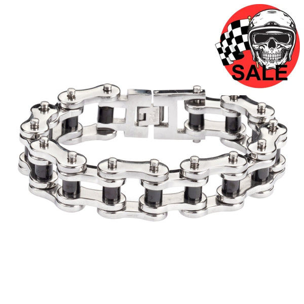 Sk1189 Stainless Black Rollers 3/4’’ Wide Thick Link Men’s Steel Motorcycle Chain Bracelet