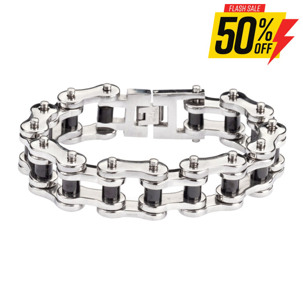 Sk1189 Stainless Black Rollers 3/4’’ Wide Thick Link Men’s Steel Motorcycle Chain Bracelet