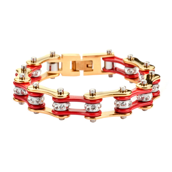 Sk1190 1/2’’ Wide Two Tone Gold Red With White Crystal Centers Stainless Steel Motorcycle Bike