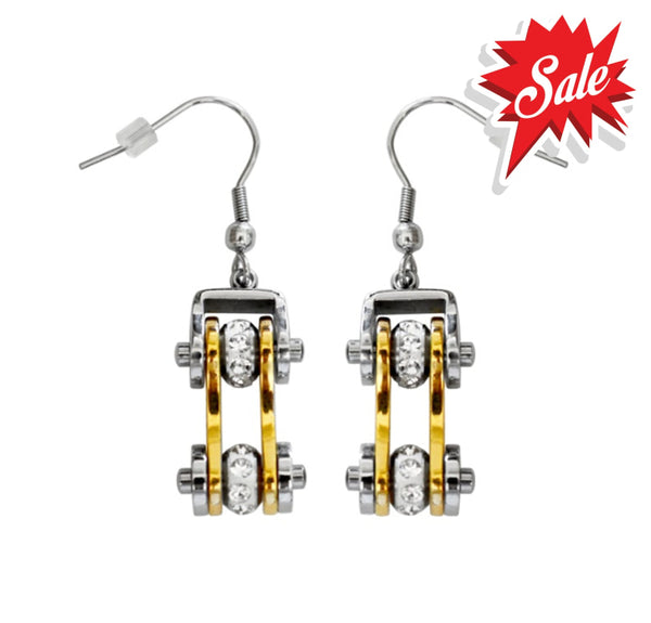 Sk1096E Two Tone Silver Gold With Crystal Centers Bike Chain Earrings Stainless Steel Motorcycle