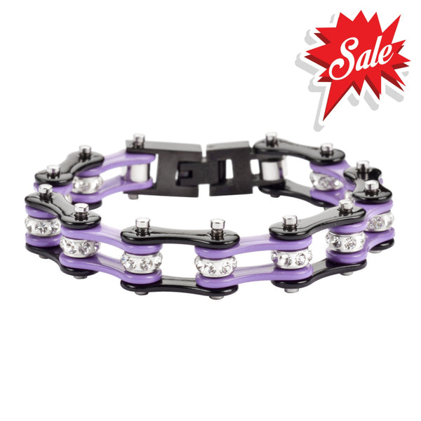 Sk1197S 1/2’’ Wide Two Tone Black Violet With White Crystal Centers Stainless Steel Motorcycle