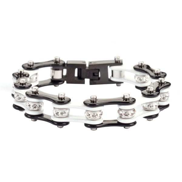 Sk1198 1/2’’ Wide Two Tone Black White With Crystal Rollers Stainless Steel Motorcycle Bike