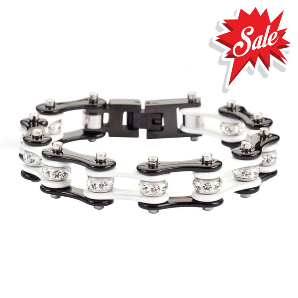 Sk1198 1/2’’ Wide Two Tone Black White With Crystal Rollers Stainless Steel Motorcycle Bike