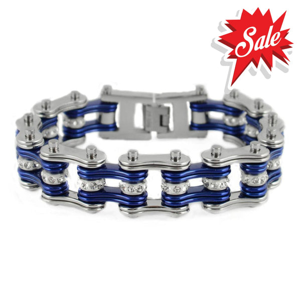 Sk1200 Silver Candy Blue Crystal Rollers 3/4’’ Wide Double Link Design Unisex Stainless Steel