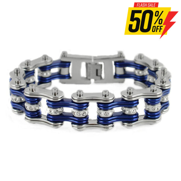 Sk1200 Silver Candy Blue Crystal Rollers 3/4’’ Wide Double Link Design Unisex Stainless Steel