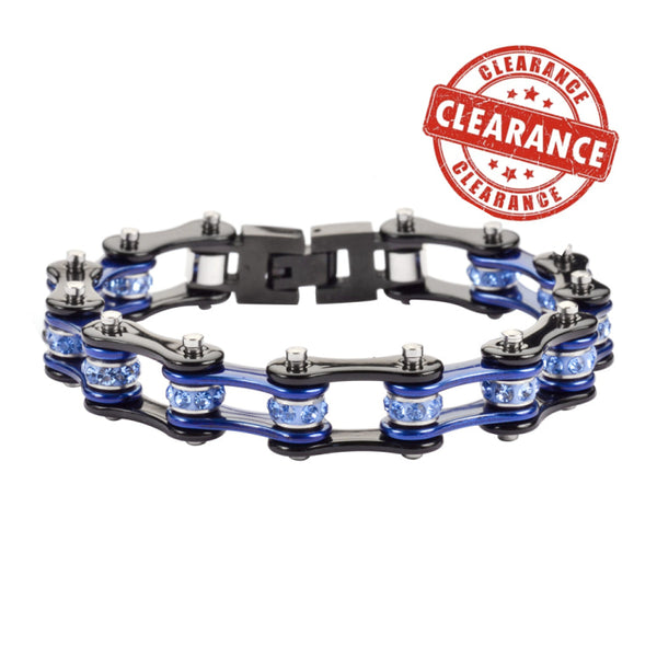 Sk1202 1/2’ Wide Two Tone Black Blue With Crystal Centers Stainless Steel Motorcycle Bike Chain