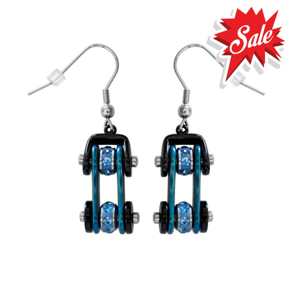 Sk1202E Two Tone Black Blue With Crystal Centers Bike Chain Earrings Stainless Steel Motorcycle