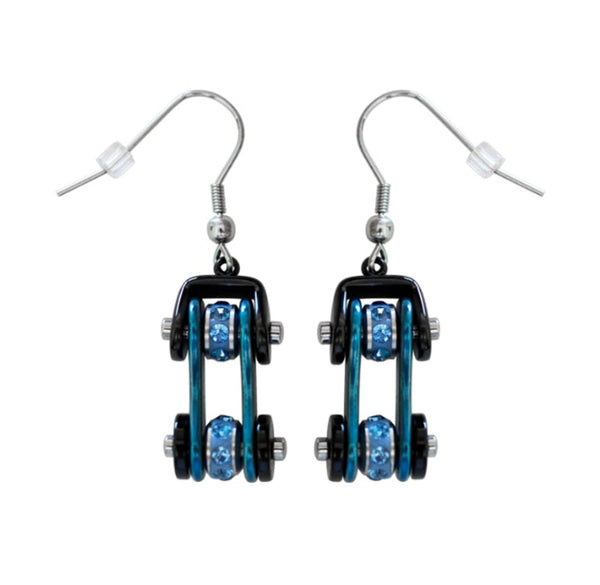 Sk1202E Two Tone Black Blue With Crystal Centers Bike Chain Earrings Stainless Steel Motorcycle