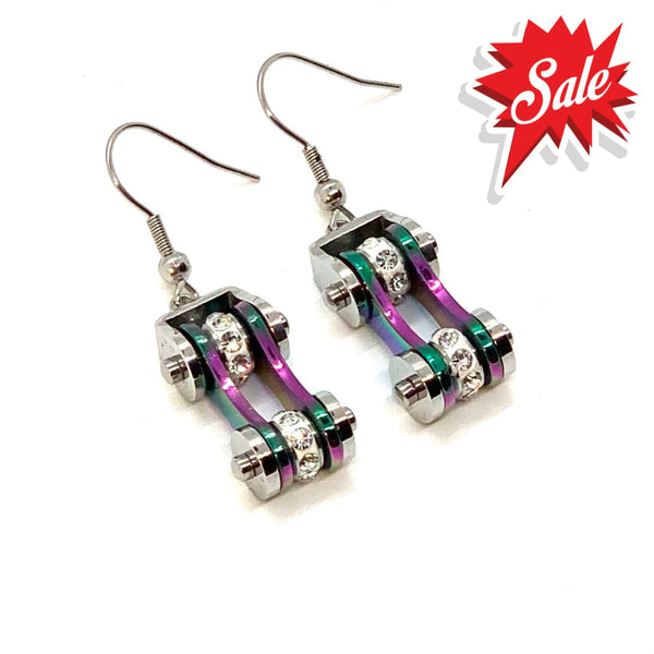 Sk1207E Two Tone Stainless Rainbow With White Crystal Centers Bike Chain Earrings Steel Motorcycle