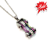 Sk1207N Ladies Bike Chain Pendant Silver Rainbow Crystal Bling Necklace 19’’ Stainless Steel