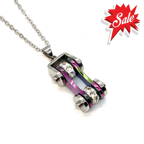 Sk1207N Ladies Bike Chain Pendant Silver Rainbow Crystal Bling Necklace 19’’ Stainless Steel