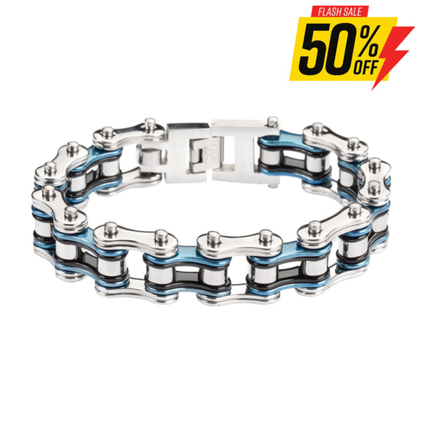 Sk1210 3/4’’ Wide Tri-Color Police Silver Blue Black Double Link Design Unisex Stainless Steel