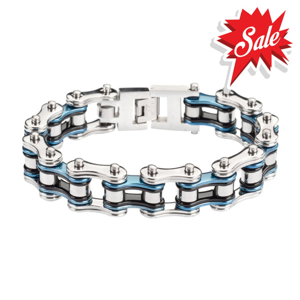 Sk1210 3/4’’ Wide Tri-Color Police Silver Blue Black Double Link Design Unisex Stainless Steel