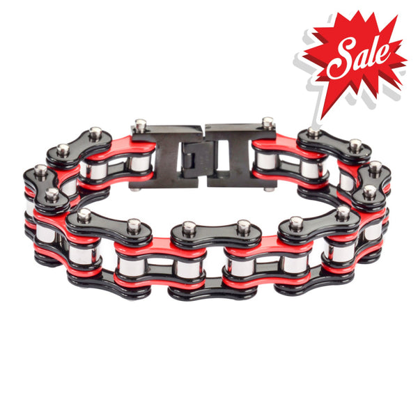 Sk1284 Tri Color Black Red Silver 3/4’’ Wide Double Link Design Unisex Stainless Steel