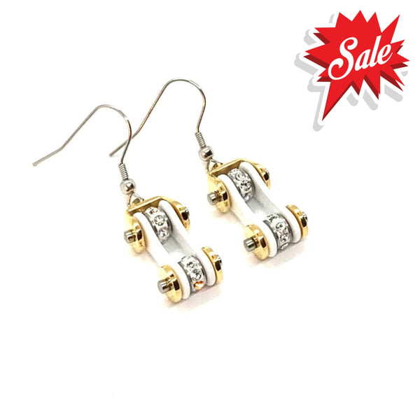 Sk1290E Two Tone Gold White With Crystal Centers Bike Chain Earrings Stainless Steel Motorcycle