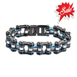 Sk1291 3/4’’ Wide Tri-Color Black Blue Silver Double Link Design Unisex Stainless Steel