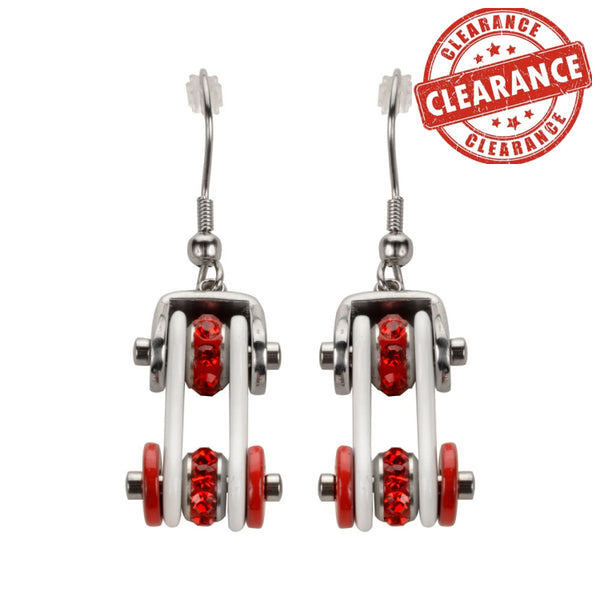 Sk1292E Two Tone Silver White Red Crystal Centers Bike Chain Earrings Stainless Steel Motorcycle
