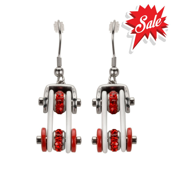 Sk1292E Two Tone Silver White Red Crystal Centers Bike Chain Earrings Stainless Steel Motorcycle