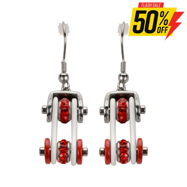 Sk1292E Two Tone Silver White Red Crystal Centers Bike Chain Earrings Stainless Steel Motorcycle