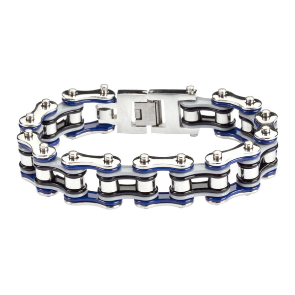 SK1303 Quad Color Blue Grey Black Silver 3/4’’ Wide Double Link Design Men’s Stainless Steel Motorcycle Chain Bracelet