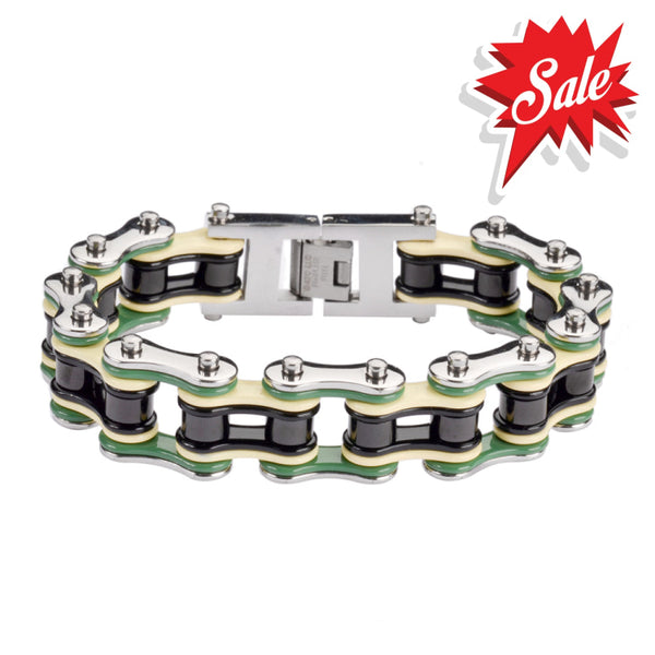 Sk1314 3/4’’ Wide Quad Color Silver Green Tan Black Double Link Design Men’s Stainless Steel