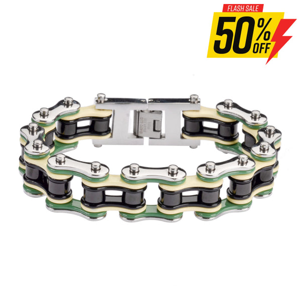 Sk1314 3/4’’ Wide Quad Color Silver Green Tan Black Double Link Design Men’s Stainless Steel