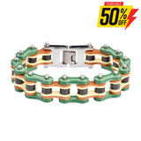 Sk1320 3/4’’ Wide Tri Color Green Yellow Black Leather Men’s Stainless Steel Motorcycle Chain