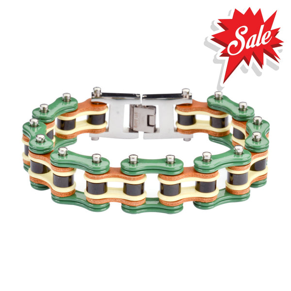 Sk1320 3/4’’ Wide Tri Color Green Yellow Black Leather Men’s Stainless Steel Motorcycle Chain