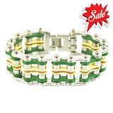 Sk1322 Tri Color 1’’ Wide Silver Green Yellow Leather Men’s Stainless Steel Motorcycle Chain