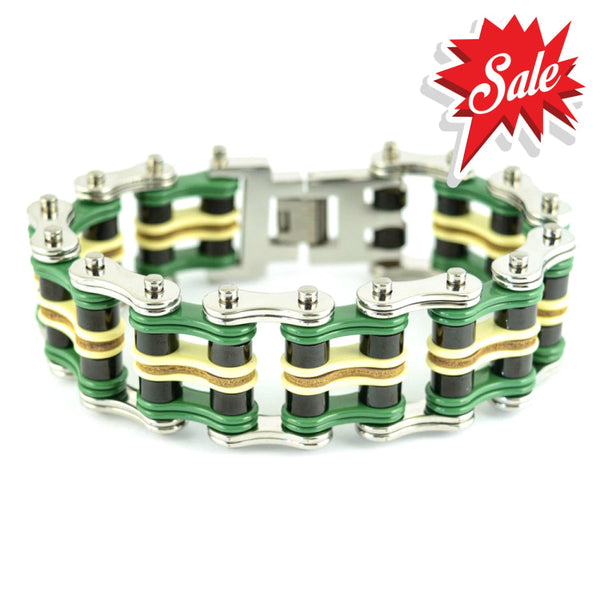 Sk1323 Quad Color 1’’ Wide Silver Green Black Yellow Leather Men’s Stainless Steel Motorcycle