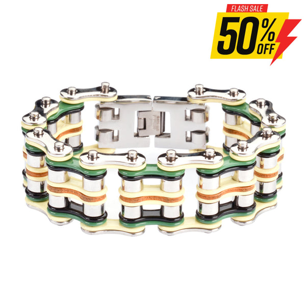 Sk1324 1’’ Wide Quad Color Silver Yellow Green Black Leather Men’s Stainless Steel Motorcycle