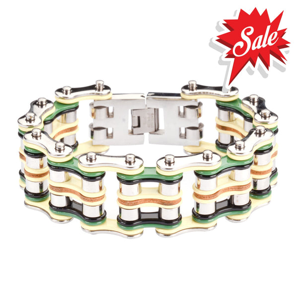 Sk1325 1’’ Wide Quad Color Silver Yellow Green Black Leather Men’s Stainless Steel Motorcycle