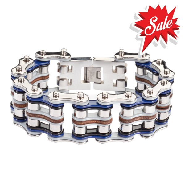 Sk1331 1’’ Wide Tri-Color Silver Blue Grey Leather Men’s Stainless Steel Motorcycle Chain