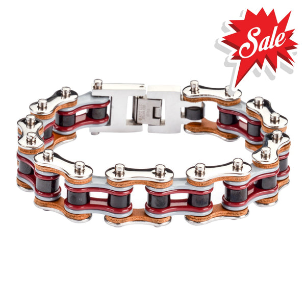 Sk1337 3/4’’ Wide Quad Color Silver Grey Red Black Leather Double Link Design Men’s Stainless