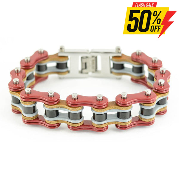 Sk1339 3/4’’ Wide Tri Color Red Grey Black Leather Double Link Design Men’s Stainless Steel