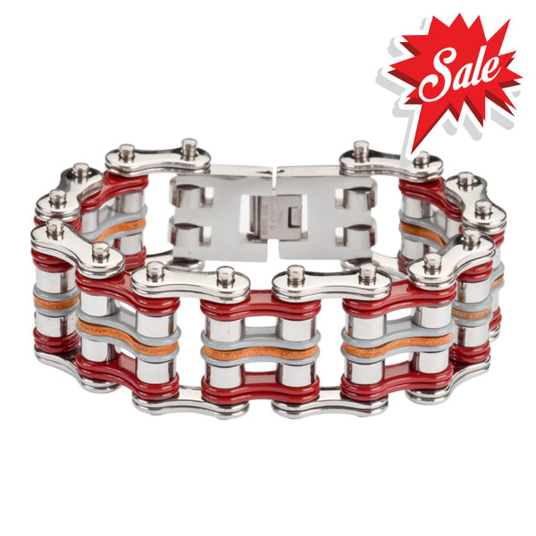 Sk1340 Tri Color 1’’ Wide Silver Red Grey Leather Stainless Steel Motorcycle Chain Bracelet