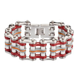 Sk1340 Tri Color 1’’ Wide Silver Red Grey Leather Stainless Steel Motorcycle Chain Bracelet
