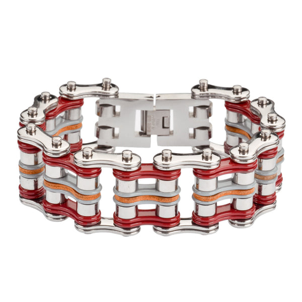 Sk1340 Tri Color 1’’ Wide Silver Red Grey Leather Stainless Steel Motorcycle Chain Bracelet