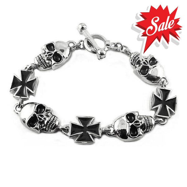 Sk1370 Men’s Skull Maltese Cross Bracelet Stainless Steel Heavy Metal Jewelry