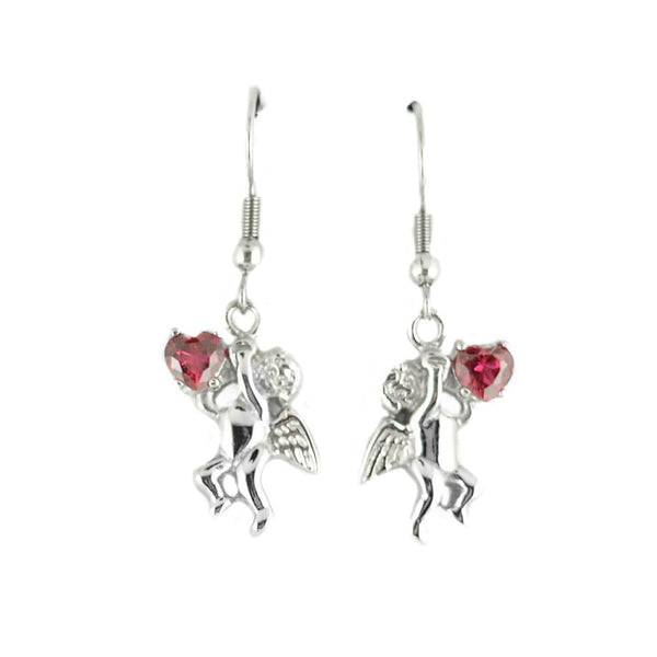 Sk1466 Cherub Angel Earrings Imitation Ruby Heart Shape Stones French Wire Stainless Steel